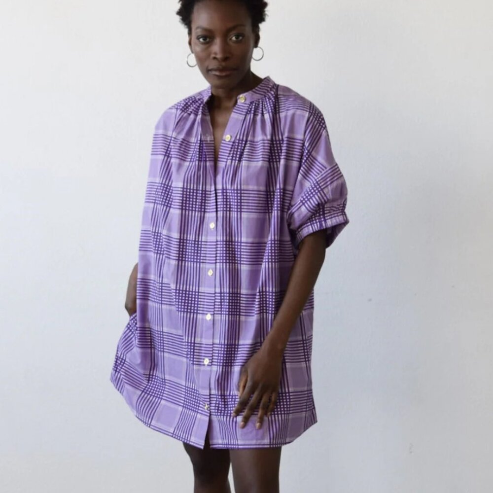Never a wallflower Elastic Sleeve Dress Purple Cotton Plaid